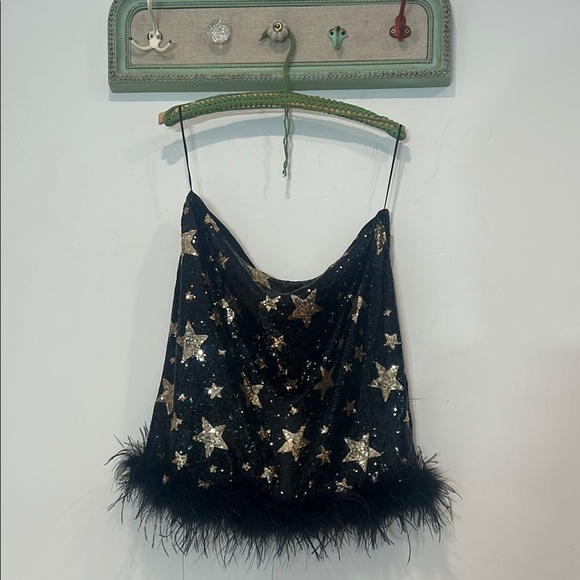 Black Sequin Gold Star Party Mini with Feather Trim women’s XL - Picture 1 of 6
